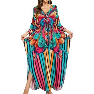 Women Blue Butterfly Floral V-Neck Batwing Sleeves Summer Cover Up Kaftan Dress
